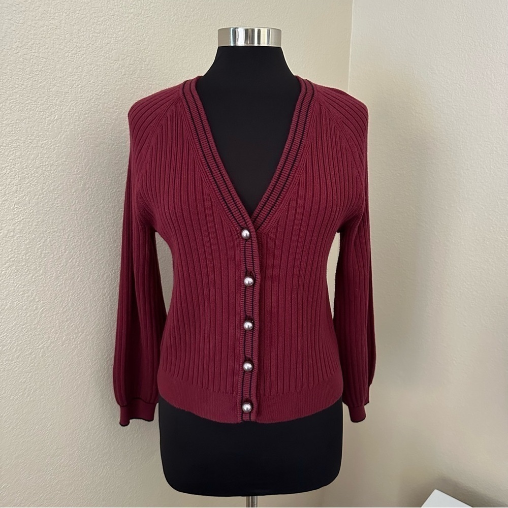 Talbots Ribbed Pearl Button Up Burgundy Cardigan Sweater Size M/P